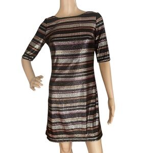 1901 Sequin Shift Dress XXS Black Silver Bronze Metallic Stripe Party